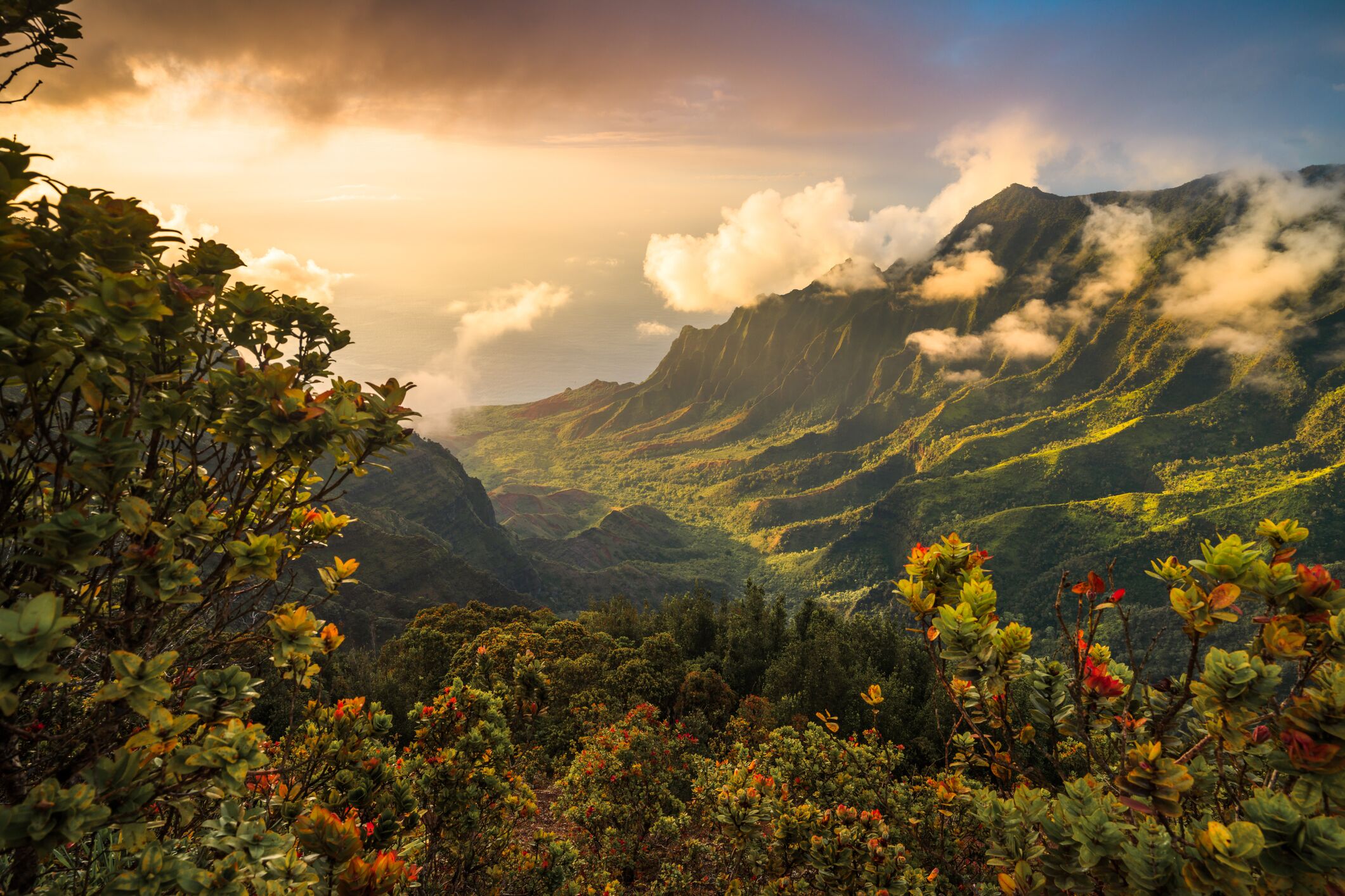 Majestic valley at sunset, Kauai island, Hawaii