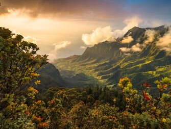 Majestic valley at sunset, Kauai island, Hawaii