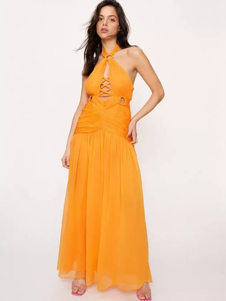 orange maxi dress with cutouts and halter top
