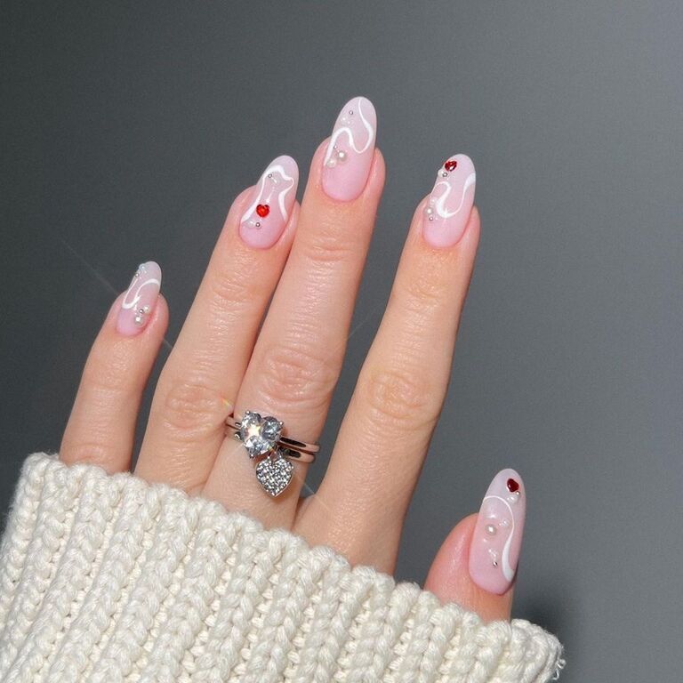 pink hearts wedding nail inspo