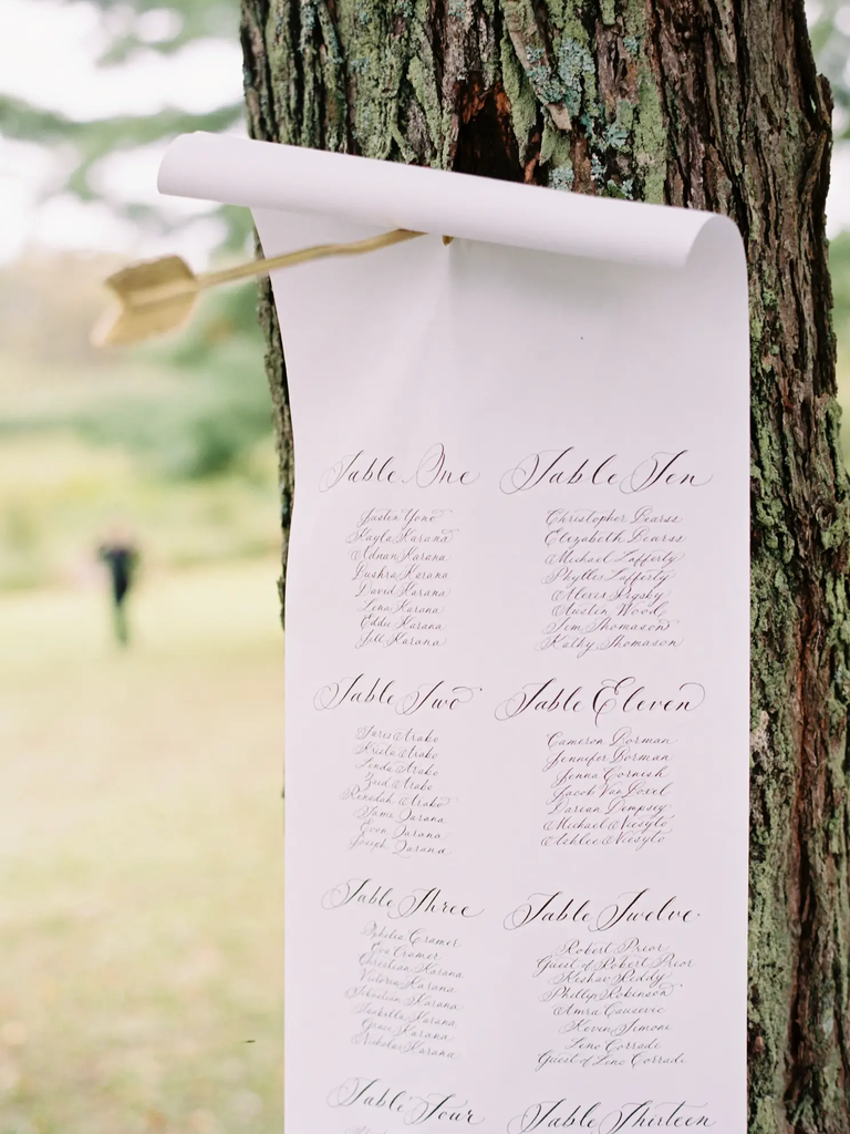 Calligraphed scroll seating chart, taylor swift themed wedding