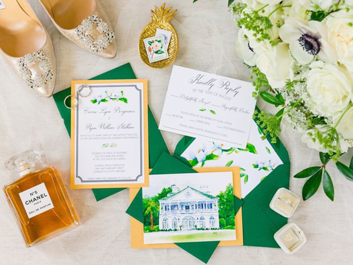 green and gold wedding invitation suite