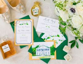 green and gold wedding invitation suite