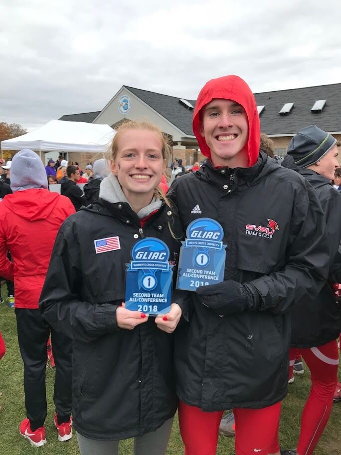 Jenna and Austen loved being teammates with one another. This picture was from their cross country GLIAC championship meet.