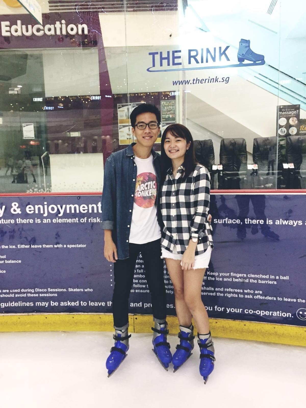 Ice-skating on one of our first dates (he was skating while she was falling on ice for him)