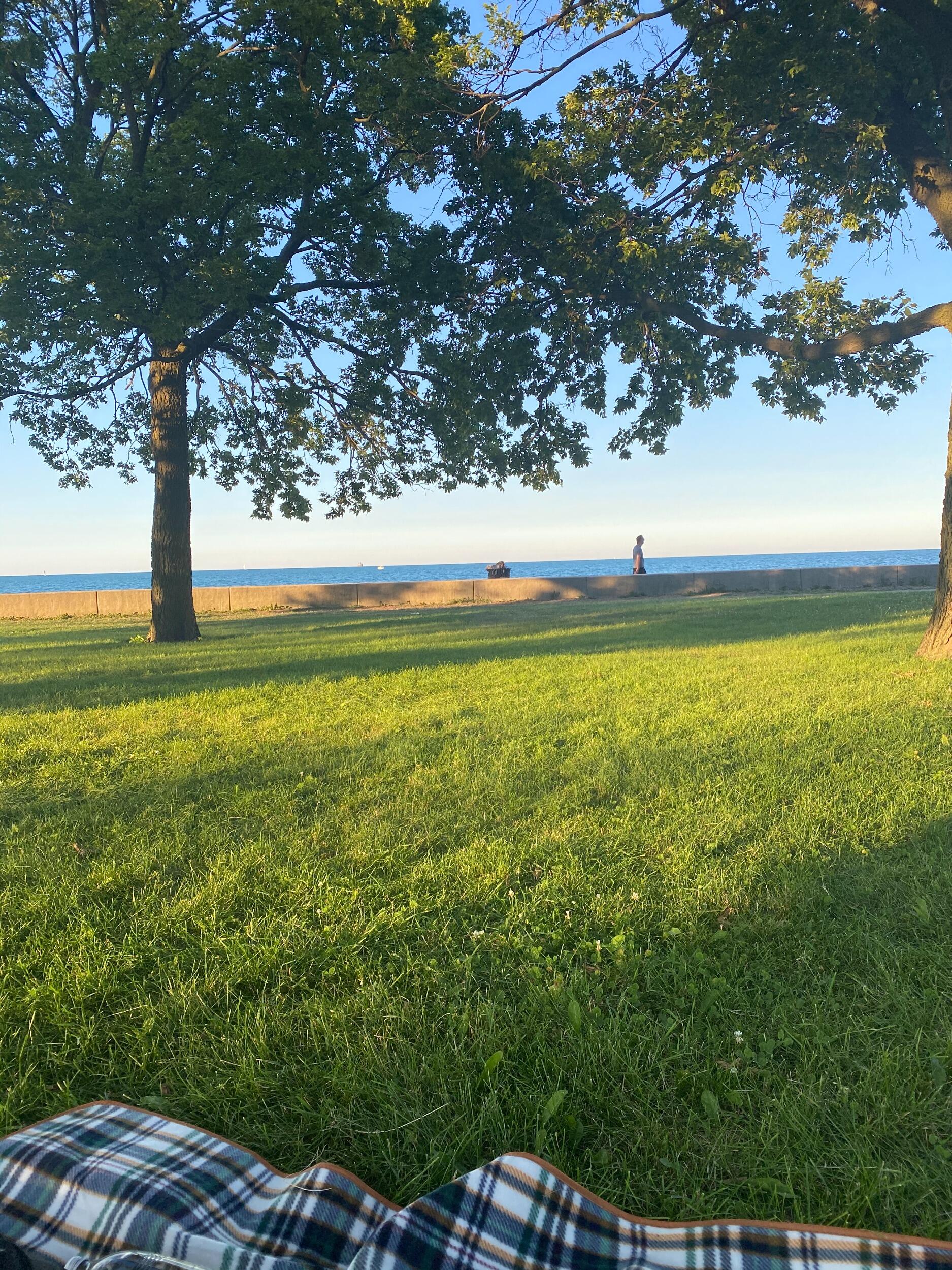 Finally landed a second date after 317 days! Derek picked Emily up on his scooter and the two have a picnic at one of their favorite places in Chicago known as "The Spot" in Belmont Harbor. Emily kisses Derek (breaking out of the hug zone).  