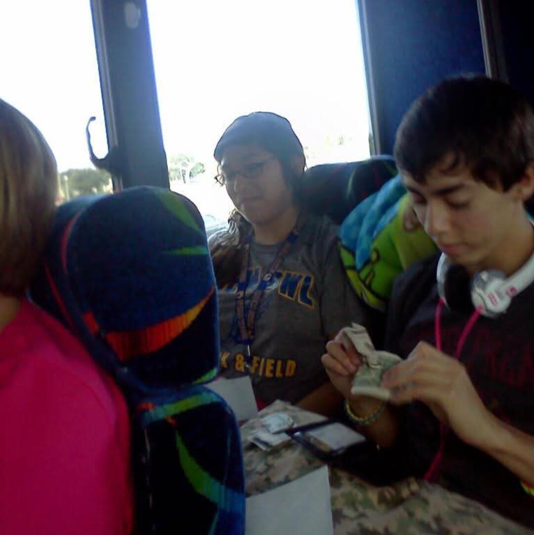 A picture Mari's mom caught of us getting ready to leave on our band trip to California! (We weren't ready for a picture haha) 