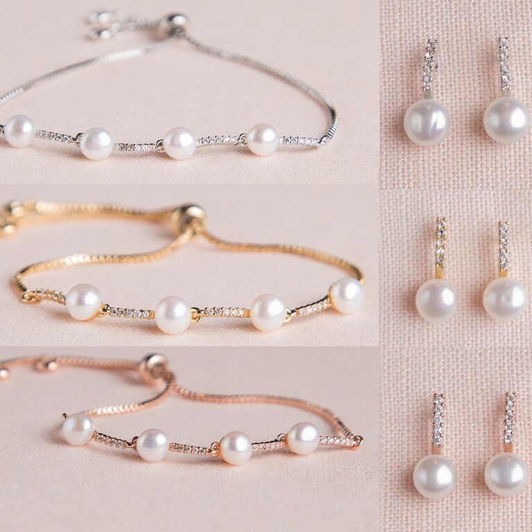 A choice of silver, yellow gold, and rose gold pearl earrings and bracelet sets from Etsy
