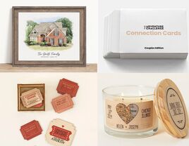 26th wedding anniversary gifts: custom house portrait, couples' connection cards, personalized tickets to love box, personalized candle  