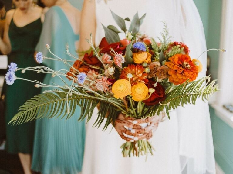 wildflower wedding bouquet with blue cornflower