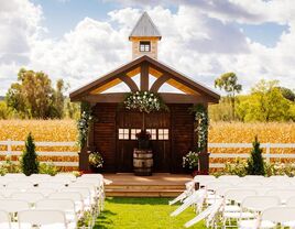 Dark wooden chapel in an outdoor ceremony site