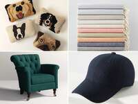 Four wool anniversary gifts: dog print pillows, blankets, baseball cap, armchair