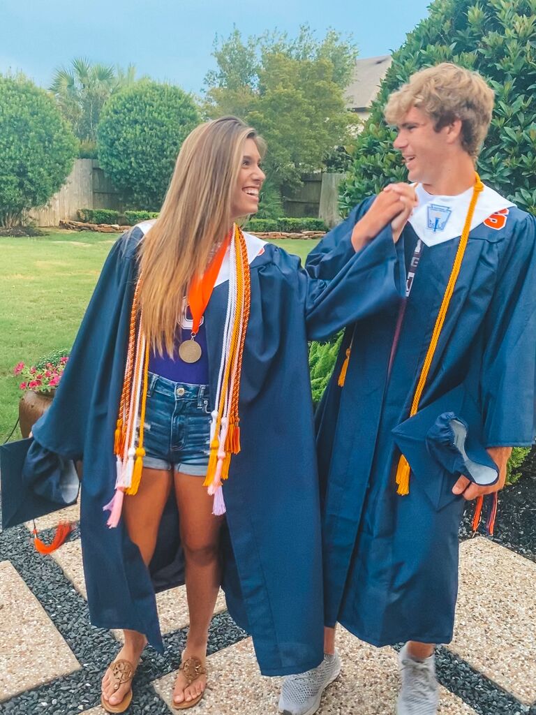 The 2020 grads eventually got to cross the stage, but stuck together through the pandemic with lots of time debating Peyton's college decision sitting 6 feet apart in the backyard. 