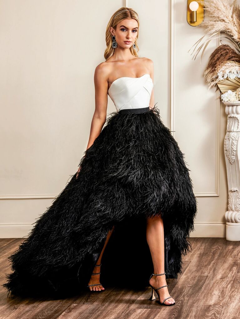 strapless high-low wedding dress with black feather skirt