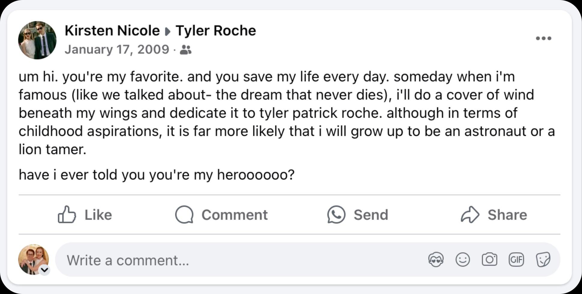 On Tyler's half-birthday, Kirsten expresses her love and friendship for him while promising a musical number in the distant future. 