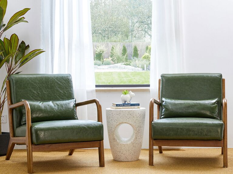 Green and wood mid-century modern chairs biophilic design idea