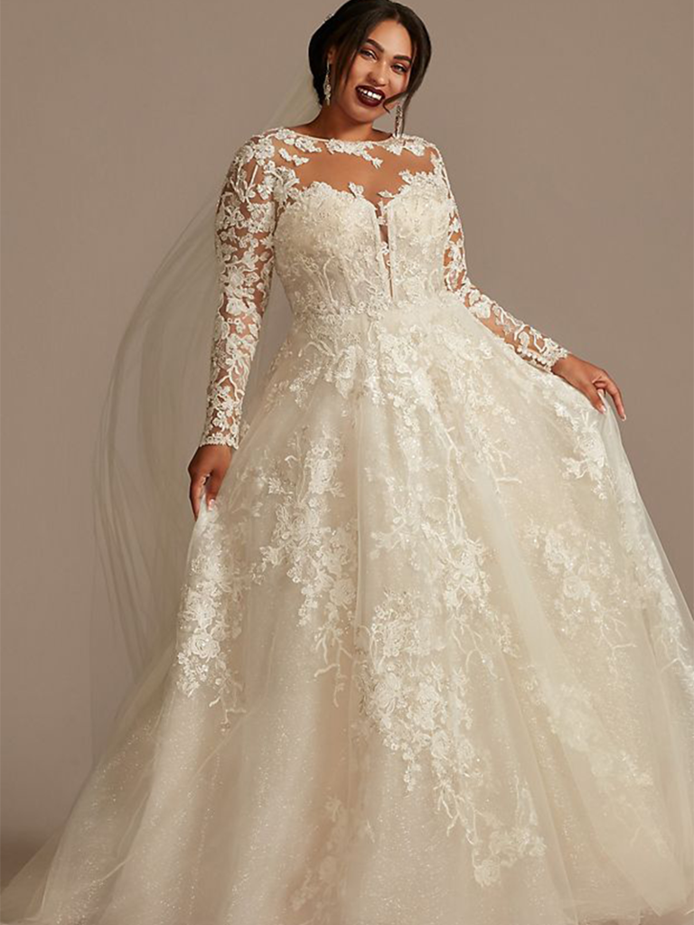 Elegant O Neck Full Sleeve Wedding Dress Illusion Lace Embroidery