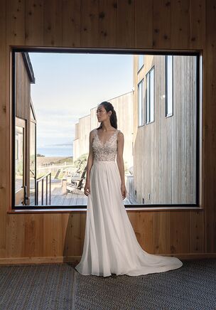 A-Line Gown with Beaded & Sequined V-Neck and Plunge Bodice and Chiffon Skirt