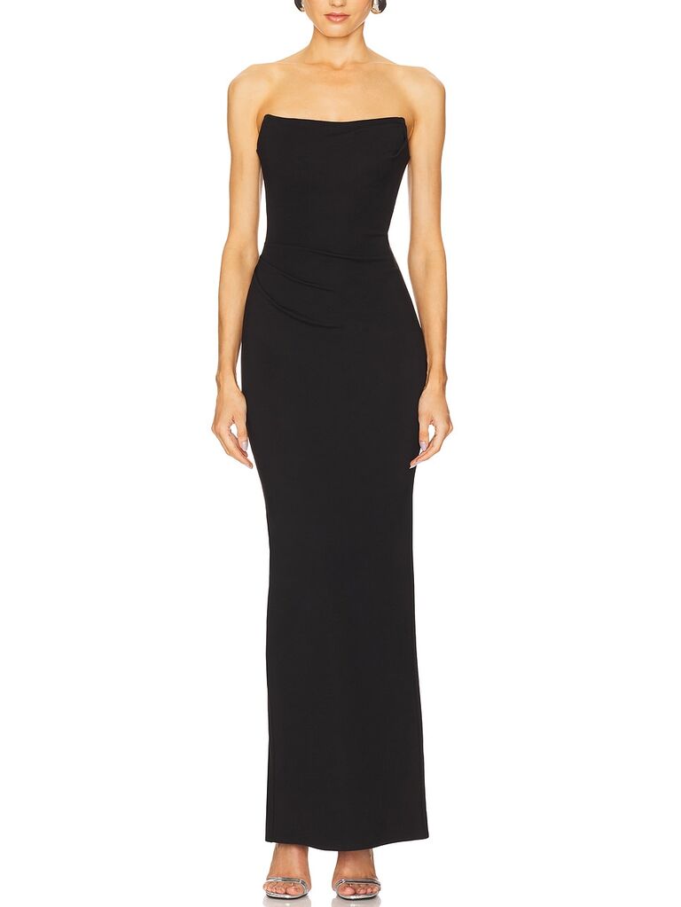 X Revolve black maxi formal wedding guest dress