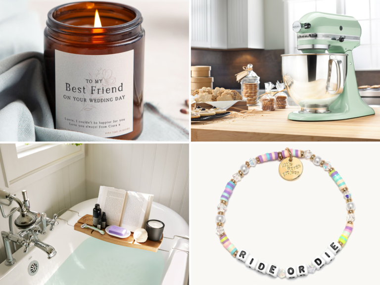 Four wedding gifts for a best friend: scented candle, electric mixer, friendship bracelet, bath caddy