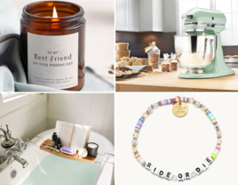 Four wedding gifts for a best friend: scented candle, electric mixer, friendship bracelet, bath caddy