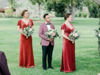 collage of three velvet bridesmaid dresses 