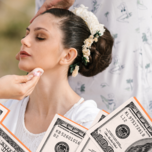 Bride gets her makeup done by a professional makeup artist. 