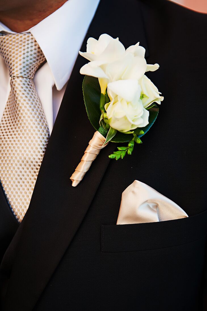 Triple White Rose And Freesia Boutonniere