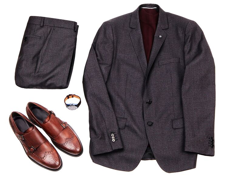 grey blazer with brown shoes