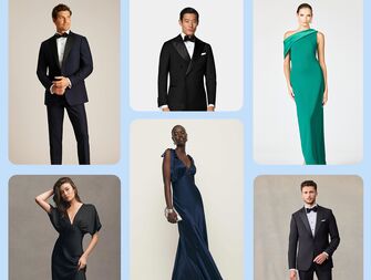 Collage of black tie wedding guest outfits 