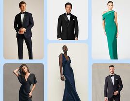 Collage of black tie wedding guest outfits 
