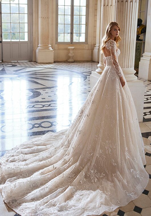 strapless open back dress Dream Ruffle Sleeve Chiffon Sequins A Line Royal Wedding Dress 42