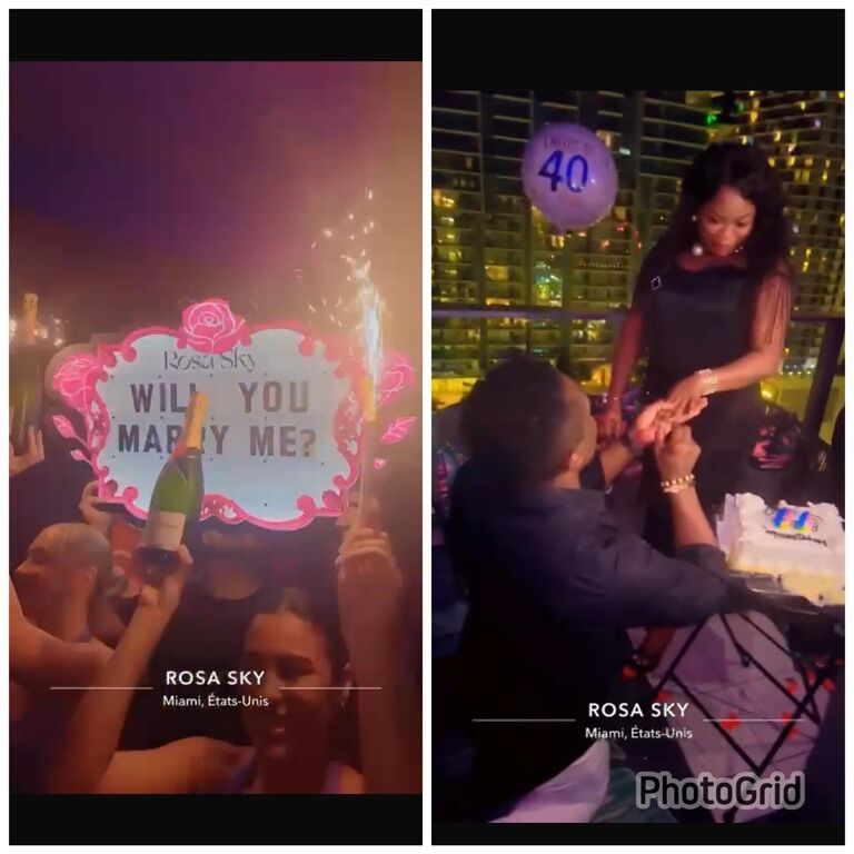 Son 40ème anniversaire. 
L’âge de la maturité, l’âge des certitudes.
Entourés de nos ami(e)s, suspendus à la vue de Miami depuis le 22ème étage du ROSA SKY,  nous avons partagé un moment inoubliable.
C’est là, entre ciel et mer, que je lui ai fait ma demande.
Sous les regards attendris, une promesse a été scellée :
celle de continuer, main dans la main,
dans la confiance et l’amour, encore et toujours.
Un moment d'une intensité indéniable.