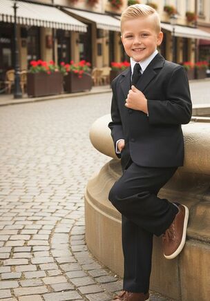 The "Mason" Black 5-Piece Suit Set, designed by Little Tuxedos, is part of our Essentials Collection.  At an attractive price point, the Essentials Collection is one of our best sellers!  Available in both classic fit and husky fit, the Essentials will accommodate kids of different shapes & sizes.  Kids also love to show off the interior blue abstract premium lining!  An expandable waist feature, adjustable vest, and adjustable necktie provide additional comfort for your little one.