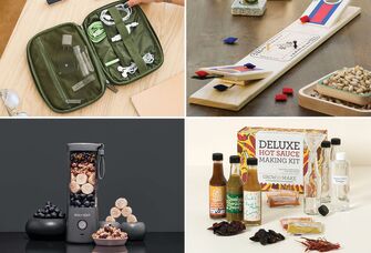 Four brother-in-law gifts: travel tech organizer, tabletop cornhole game, hot sauce making kit, portable blender