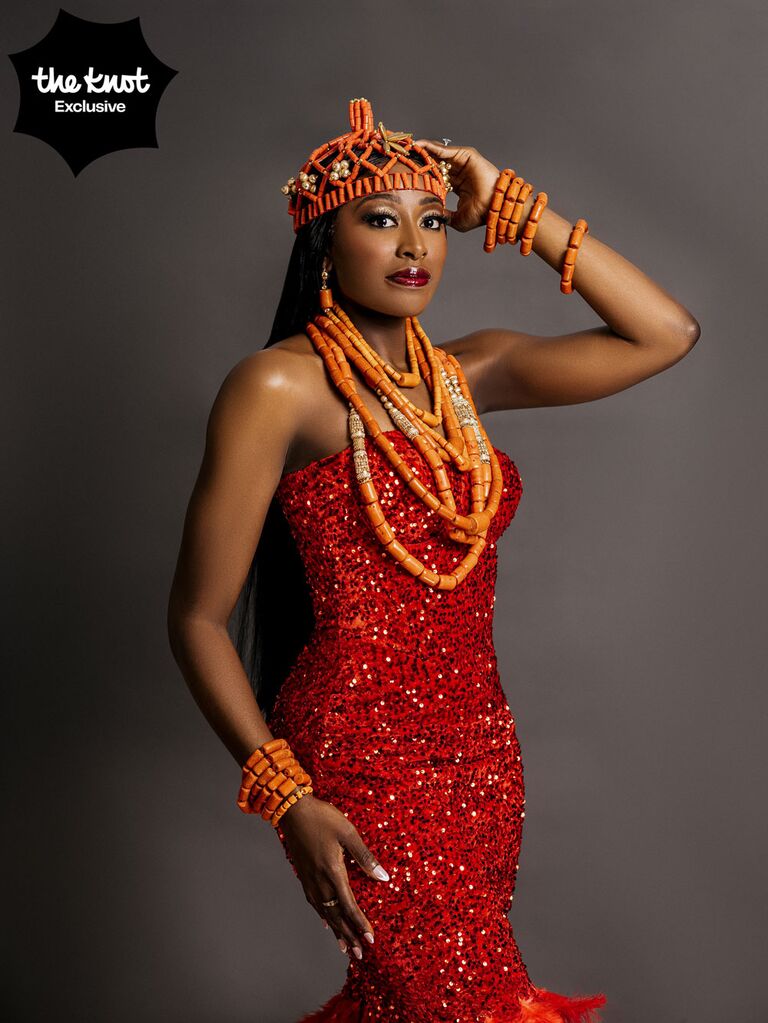 Chiney Ogwumike's red Nigerian wedding dress with Ivie beads