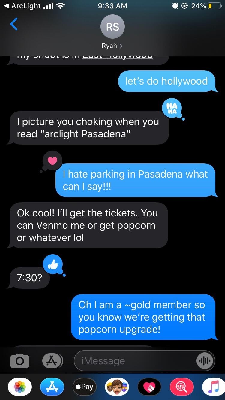 The first time Gabrielle & Ryan made plans to go to the movies together. It was NOT a date. RIP Gabrielle's first love, the Arclight Hollywood. 