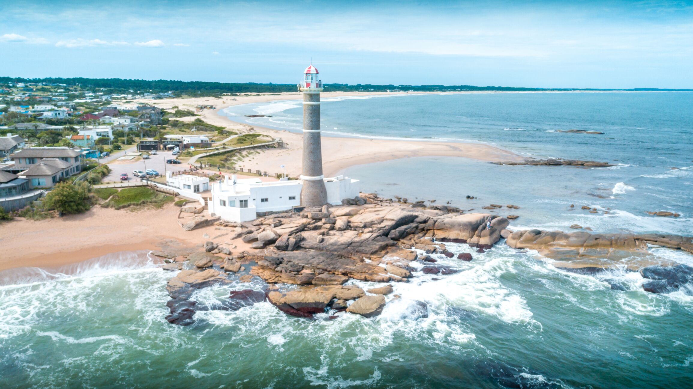 View of lighthouse in La Paloma city, drone point of view, Rocha department, Uruguay