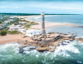 View of lighthouse in La Paloma city, drone point of view, Rocha department, Uruguay