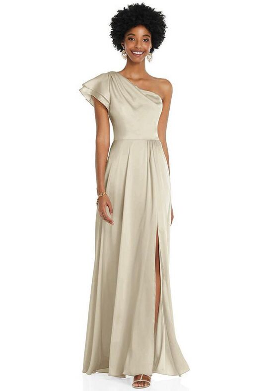 One-shoulder Floral Satin Bridesmaid Dress With Draped Front Slit