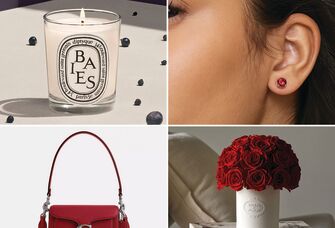 Collage of four luxury gifts for your wife: Diptyque candle, earrings, eternity roses, Coach handbag