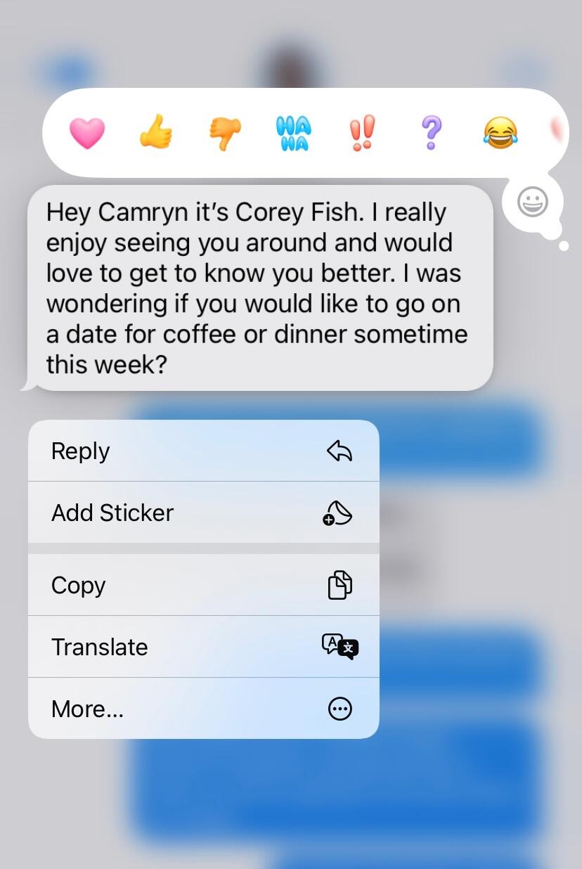 After a couple years of being friends I finally got the courage to ask Camryn (over text) on a date.
