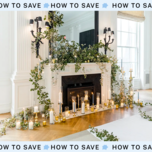 fireplace decorated with greenery and candles