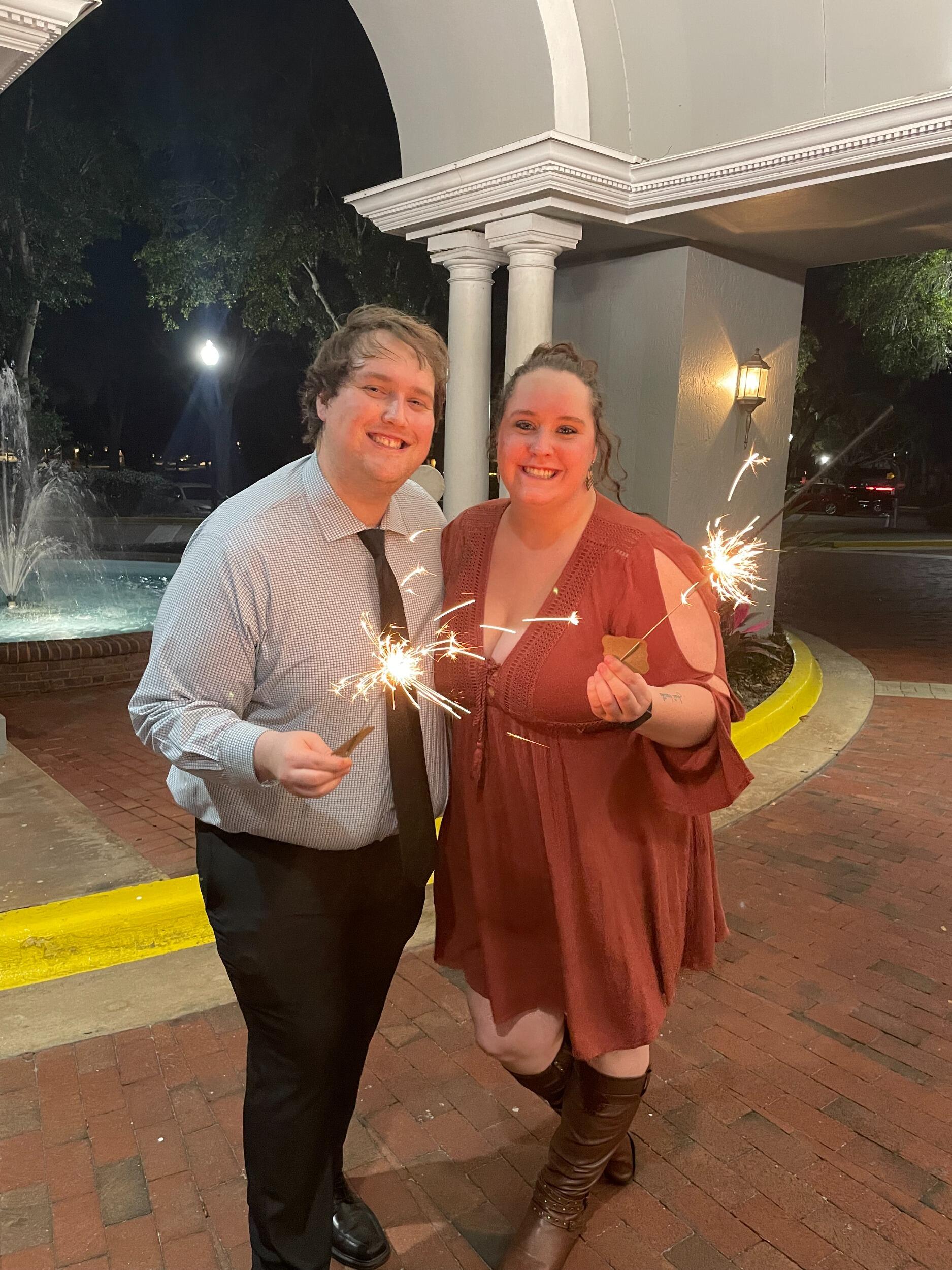 They celebrated Sarah's aunts wedding with dancing and sparklers.