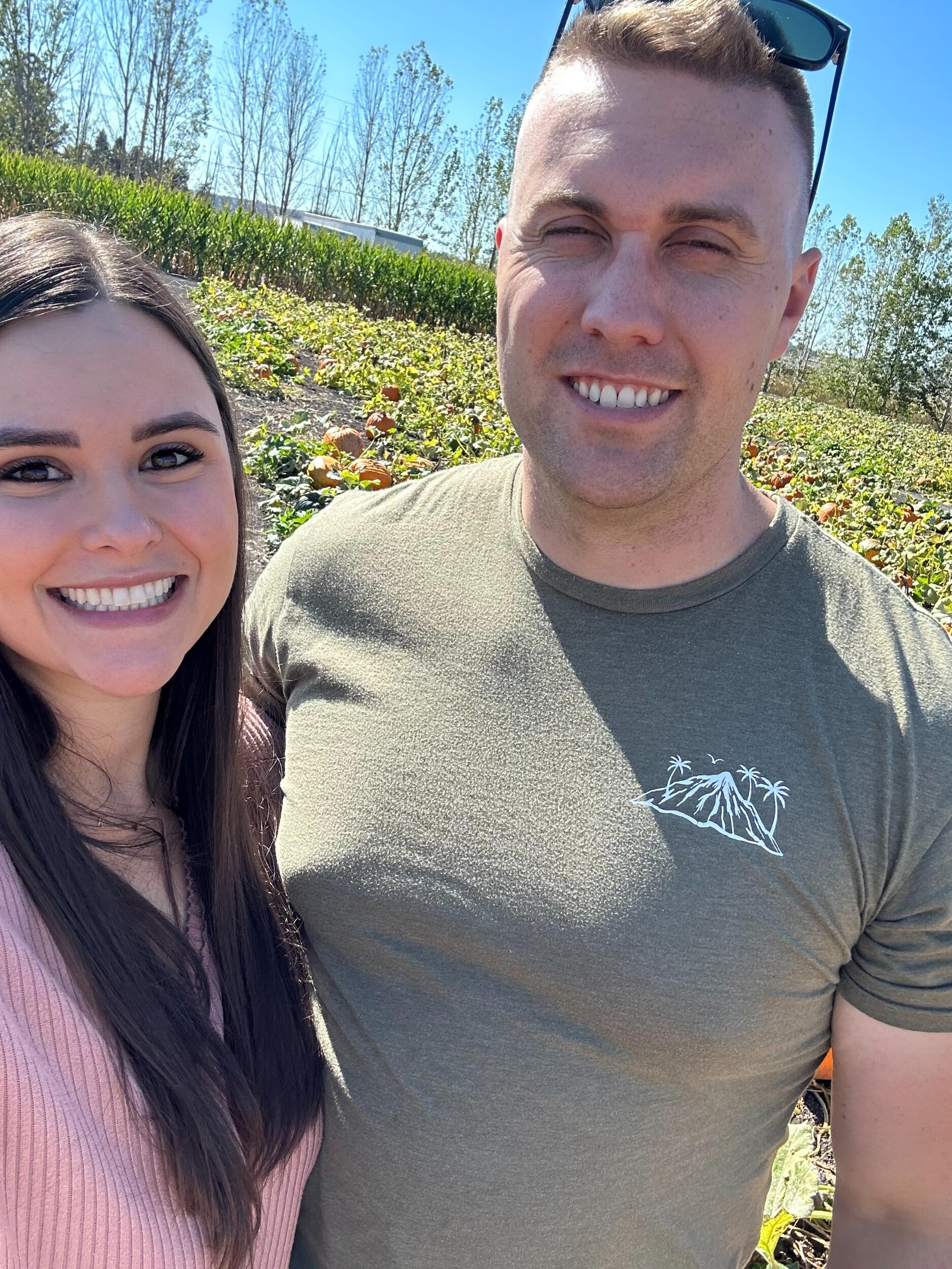 Hunter & Katie celebrating their 5 year anniversary at the pumpkin patch, Hunter cooking Katie dinner, and carving their pumpkins. 