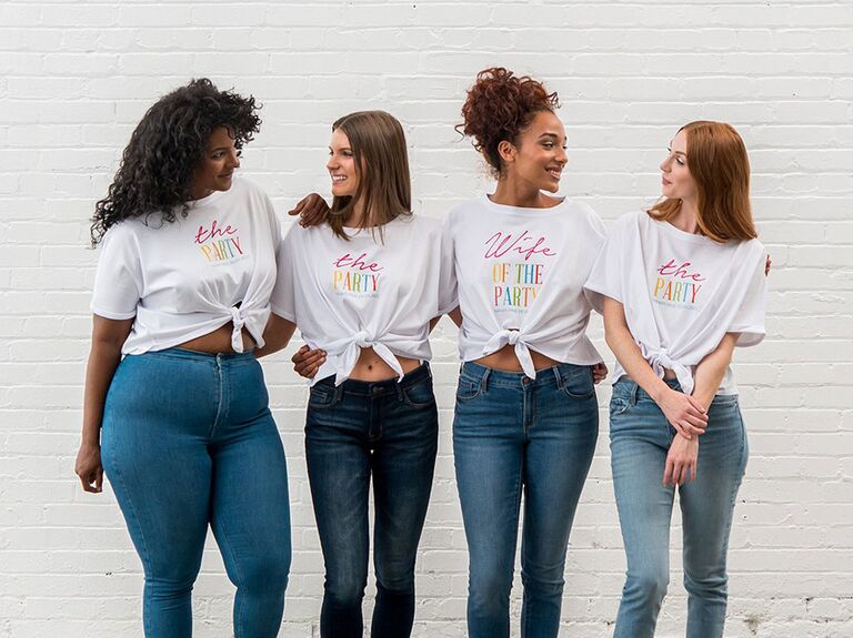 White tie-up bachelorette shirts that read The Party and Wife of the Party