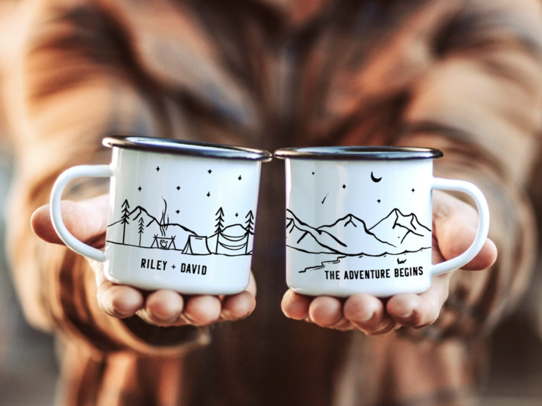 Personalized camp inspired 'the adventure begins' mug engagement gift from parents