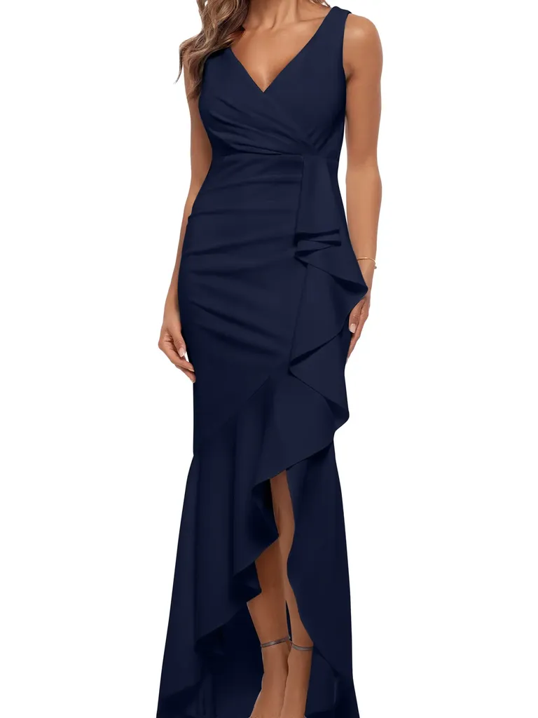 Navy V-Neck Cascade Ruffle High-Low Mother of the bride Gown