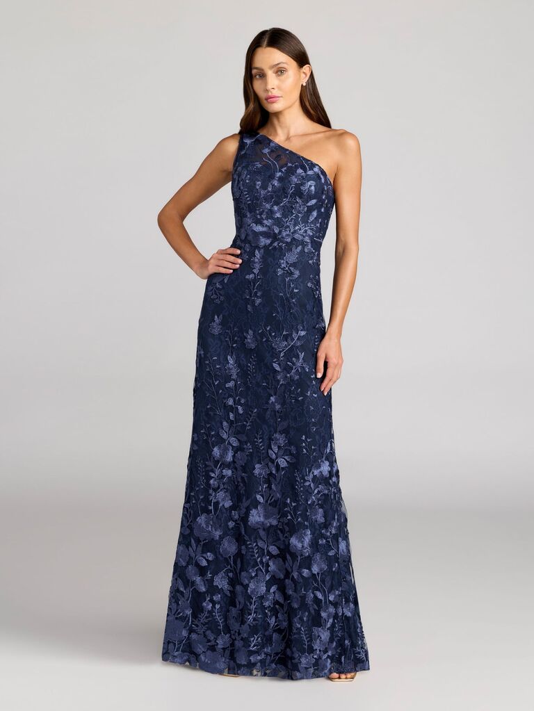 Mac Duggal blue lace one-shoulder gown