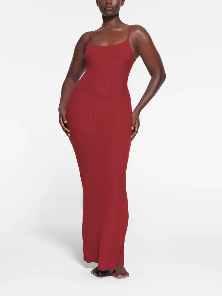 Red long slip holiday party dress
